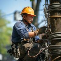 lavoratore riparazione elettrico fili su un' energia linea foto