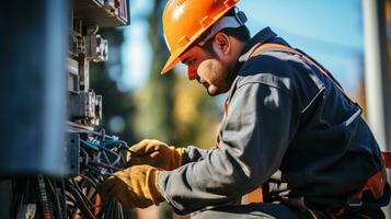 lavoratore riparazione elettrico fili su un' energia linea foto