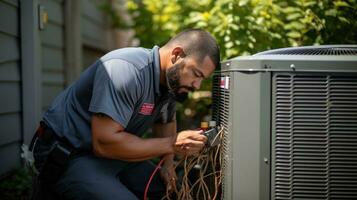 HVAC tecnico manutenzione un aria condizionata unità foto