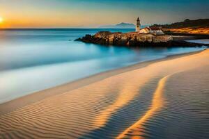 il faro a tramonto su il spiaggia. ai-generato foto