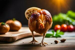 un' pollo con un' fetta di Limone su esso. ai-generato foto