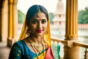 bellissimo indiano sposa nel tradizionale sari. ai-generato foto