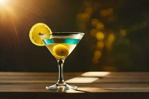 un' Martini con Limone e olive su un' di legno tavolo. ai-generato foto