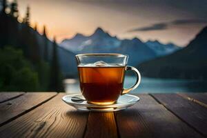 un' tazza di tè su un' di legno tavolo nel davanti di un' lago. ai-generato foto