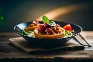 un' ciotola di cibo con fragole e noccioline. ai-generato foto