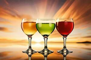 tre bicchieri di vino con diverso colori su il sfondo. ai-generato foto