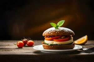 un' Sandwich con pomodori e formaggio su un' piatto. ai-generato foto