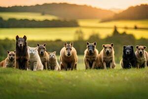 un' gruppo di cani e gatti in piedi nel un' campo. ai-generato foto