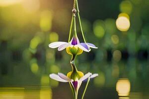 un' fiore sospeso a partire dal un' corda nel il acqua. ai-generato foto