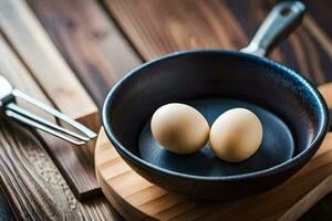Due uova nel un' frittura padella su un' di legno tavolo. ai-generato foto