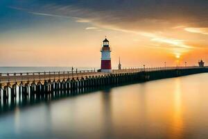 un' lungo esposizione fotografia di un' faro a tramonto. ai-generato foto