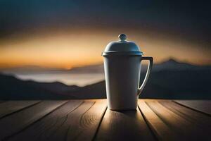 caffè tazza su un' di legno tavolo con un' Visualizza di il tramonto. ai-generato foto