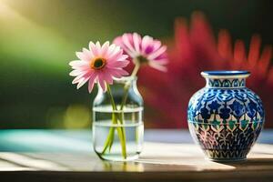 un' vaso con fiori e un' vaso con fiori. ai-generato foto