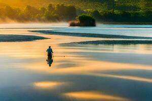 un' uomo è pesca nel il fiume a tramonto. ai-generato foto