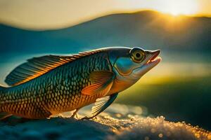 un' pesce è in piedi su il spiaggia a tramonto. ai-generato foto