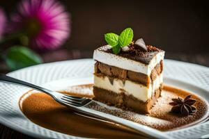 un' pezzo di cioccolato torta su un' piatto con un' forchetta. ai-generato foto