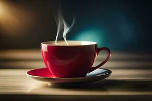 un' rosso tazza di caffè su un' di legno tavolo. ai-generato foto