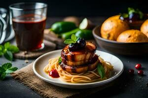 un' piatto di spaghetti con frutta e arancia succo. ai-generato foto