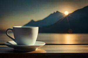 un' tazza di caffè su un' finestra davanzale con montagne nel il sfondo. ai-generato foto