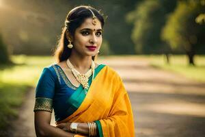 un' bellissimo donna nel un' giallo sari. ai-generato foto