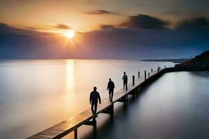 tre persone a piedi su un' molo a tramonto. ai-generato foto