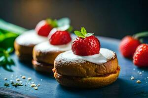 tre mini ciambelle con crema e fragole. ai-generato foto