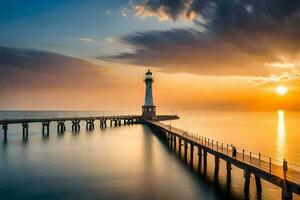 un' faro sta su un' molo a tramonto. ai-generato foto