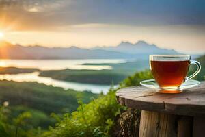 un' tazza di tè su un' di legno tavolo prospiciente un' lago e montagne. ai-generato foto