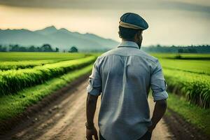 un' uomo nel un' blu uniforme è a piedi giù un' sporco strada. ai-generato foto