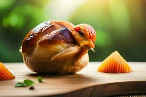un' pollo è seduta su superiore di un' di legno taglio tavola. ai-generato foto
