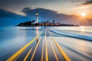 un' lungo esposizione fotografia di un' faro su il acqua. ai-generato foto