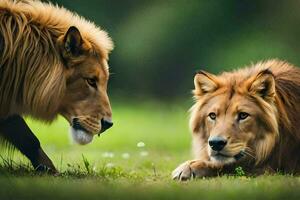 Due leoni siamo seduta su il erba insieme. ai-generato foto