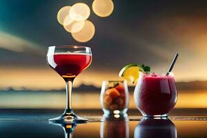 Due bicchieri di cocktail su un' tavolo con un' tramonto nel il sfondo. ai-generato foto