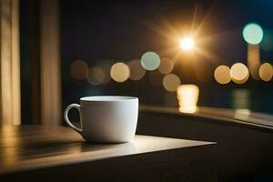 caffè tazza su il tavolo nel il sera. ai-generato foto