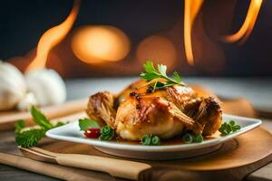 un' arrostito pollo su un' piatto con un' di legno sfondo. ai-generato foto