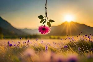 un' fiore sospeso a partire dal un' vite nel un' campo. ai-generato foto