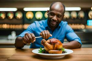 un' uomo mangiare un' pollo su un' piatto. ai-generato foto