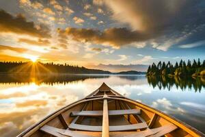 il barca è su il lago a tramonto. ai-generato foto