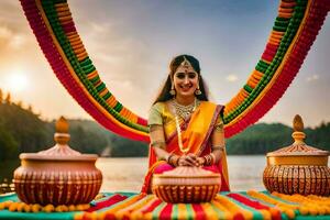 un' donna nel tradizionale sari seduta su un' barca con pentole e fiori. ai-generato foto