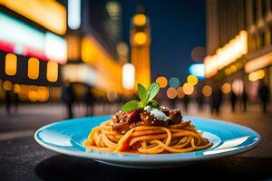 un' piatto di spaghetti con carne e formaggio su un' piatto nel il città. ai-generato foto