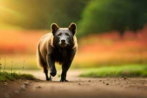 un' Marrone orso a piedi su un' sporco strada. ai-generato foto