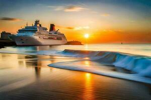 un' crociera nave nel il oceano a tramonto. ai-generato foto