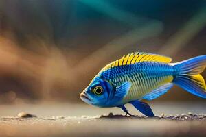 un' blu e giallo pesce è a piedi su il terra. ai-generato foto
