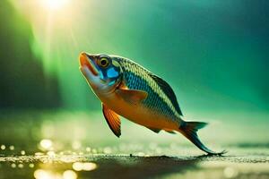 un' pesce è salto nel il acqua con il sole splendente. ai-generato foto