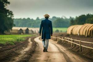 un' uomo nel un' blu completo da uomo passeggiate giù un' sporco strada. ai-generato foto