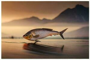 un' pesce è a piedi su il spiaggia a tramonto. ai-generato foto