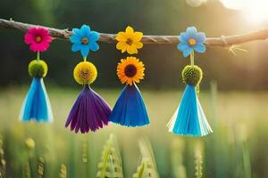 colorato nappe sospeso a partire dal un' ramo nel un' campo. ai-generato foto