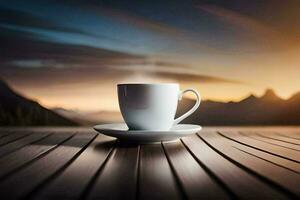 caffè tazza su un' di legno tavolo con montagne nel il sfondo. ai-generato foto