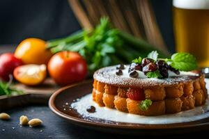 un' dolce con crema e frutta su un' piatto. ai-generato foto