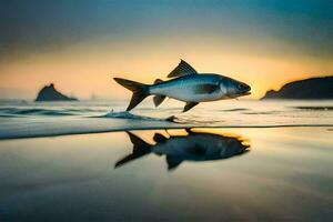 un' pesce è salto su di il acqua a tramonto. ai-generato foto